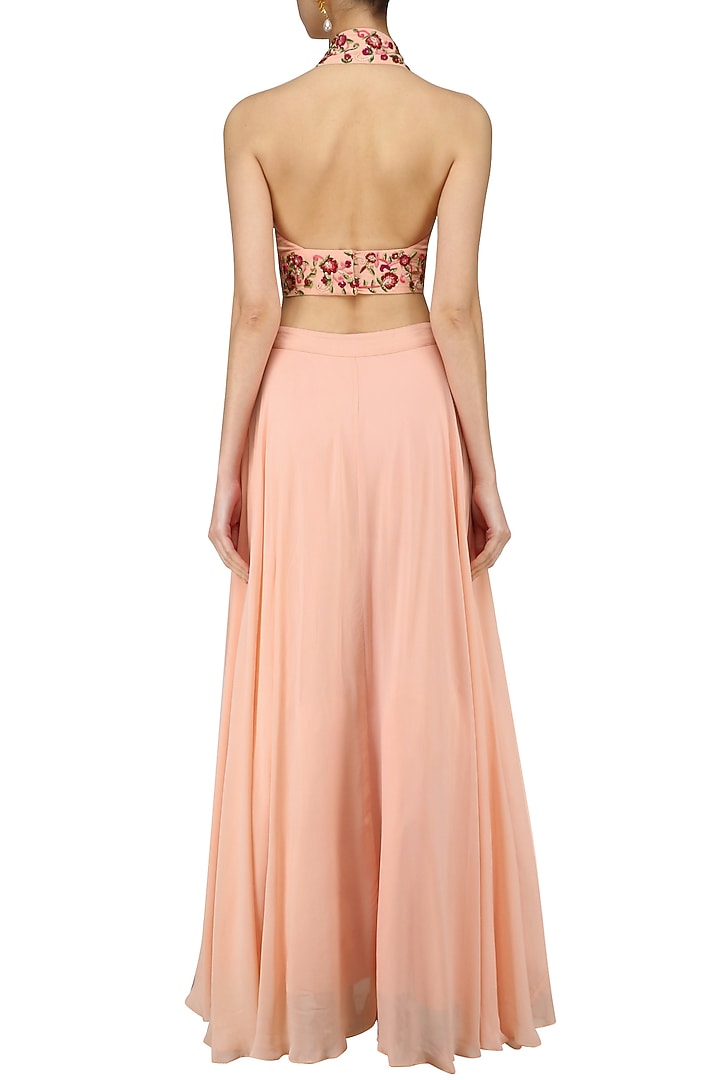 Peach and pink floral embroidered bralet and skirt set available only at Pernia's Pop Up Shop.