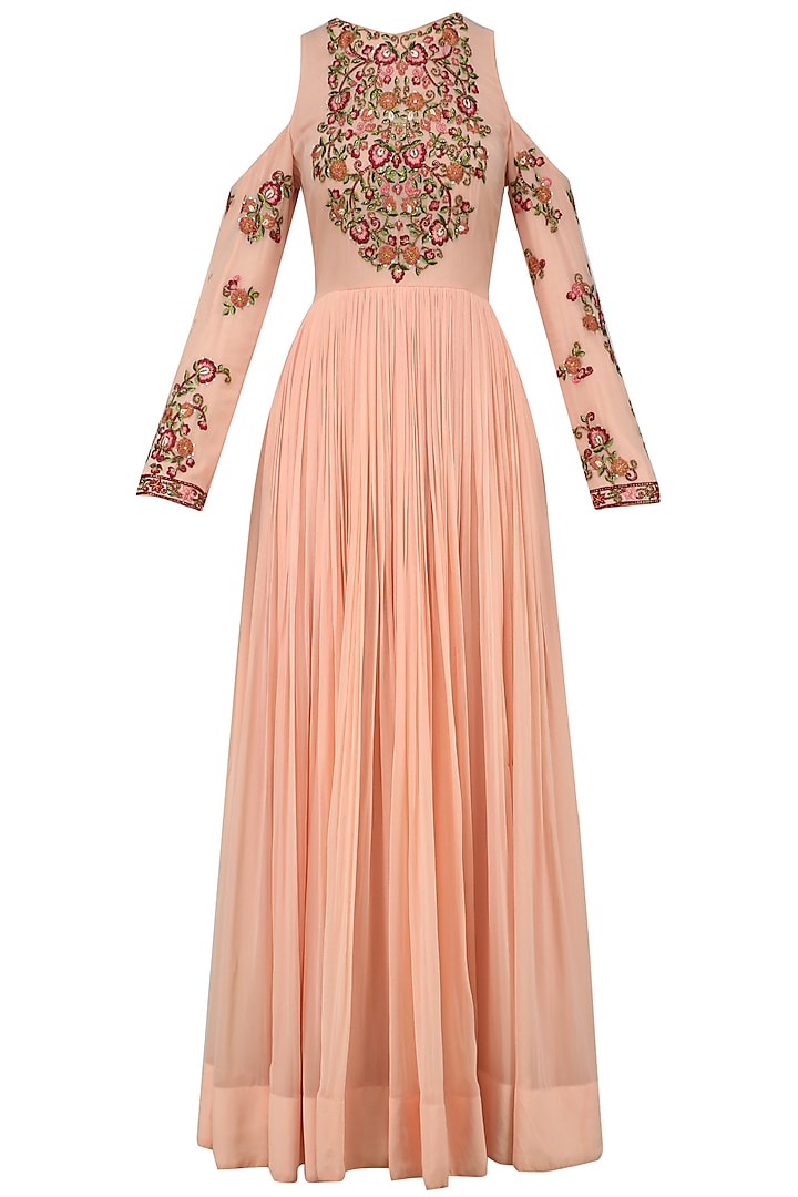 Peach and Pink Cold Shoulder Embroidered Anarkali Kurta by Samatvam By Anjali Bhaskar