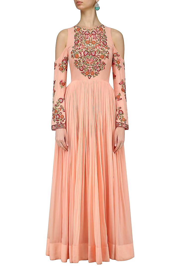 Peach and pink cold shoulder embroidered anarkali kurta available only at Pernia's Pop Up Shop.