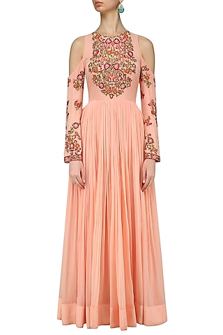 Peach and Pink Cold Shoulder Embroidered Anarkali Kurta by Samatvam By Anjali Bhaskar