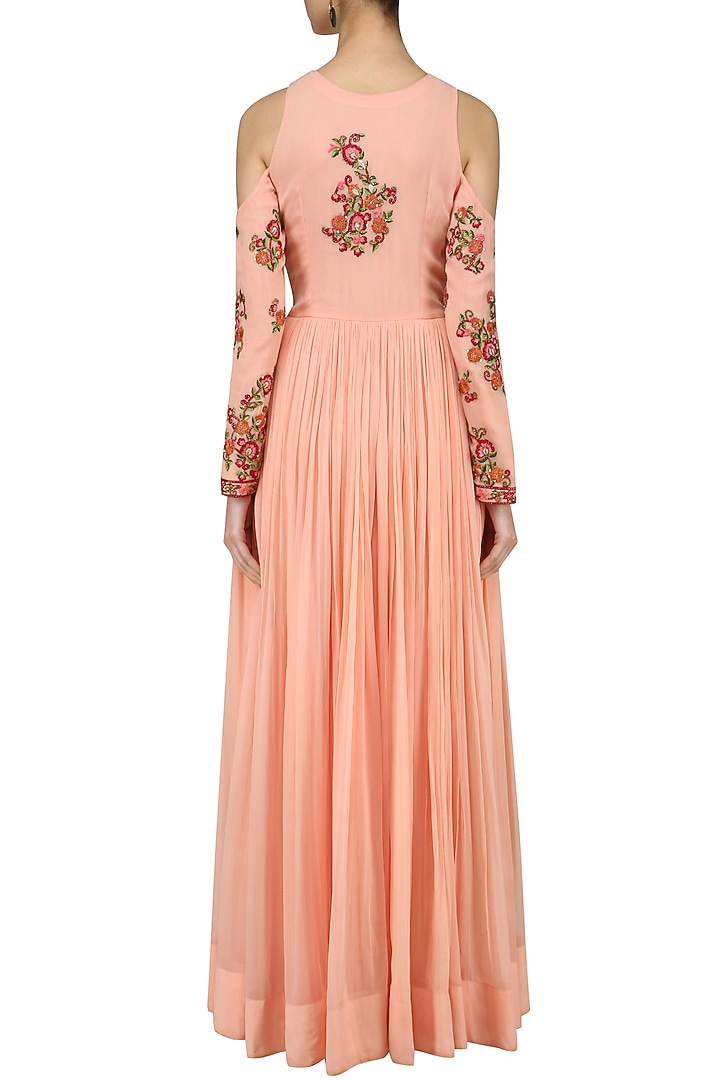 Peach and pink cold shoulder embroidered anarkali kurta available only at Pernia's Pop Up Shop.