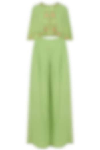 Mint green front open embroidered cape and flared pants set available only at Pernia's Pop Up Shop.