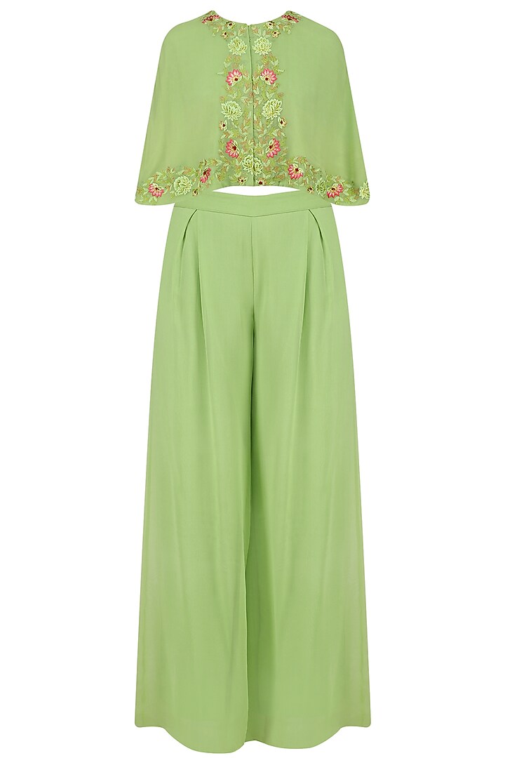 Mint green front open embroidered cape and flared pants set available only at Pernia's Pop Up Shop.