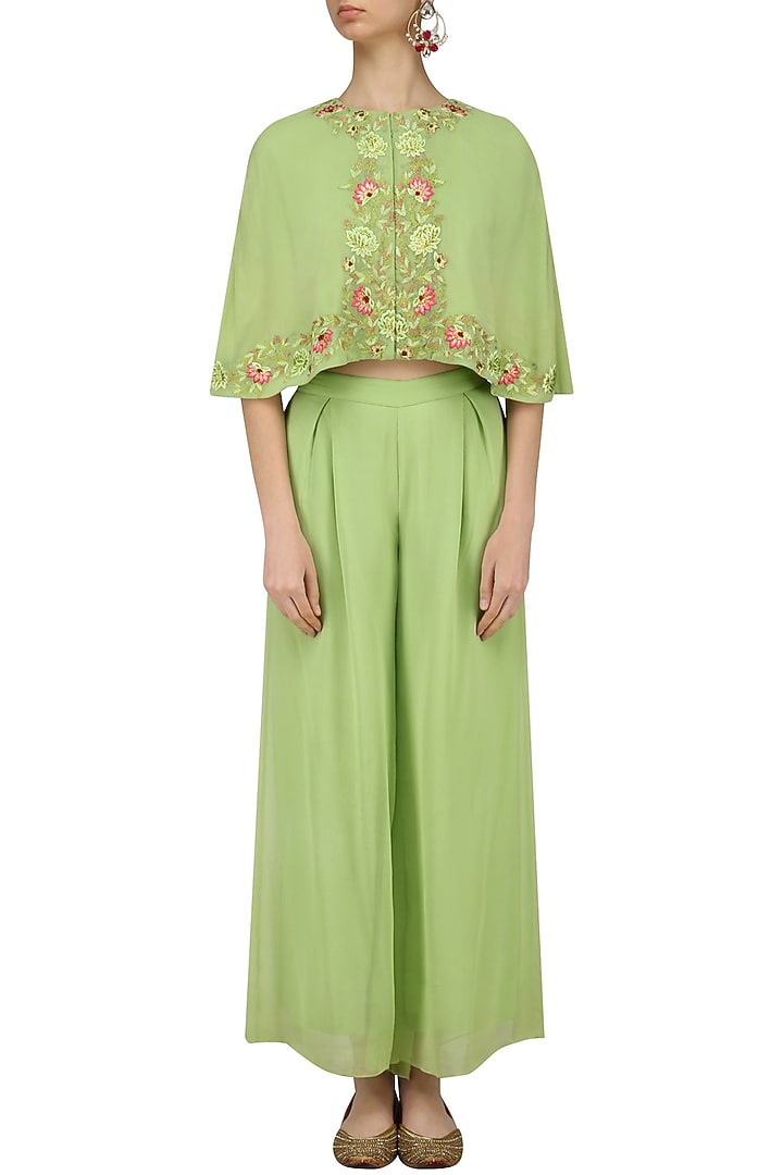 Mint green front open embroidered cape and flared pants set available only at Pernia's Pop Up Shop.