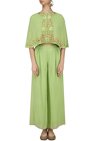 Mint Green Front Open Embroidered Cape and Flared Pants Set by Samatvam By Anjali Bhaskar