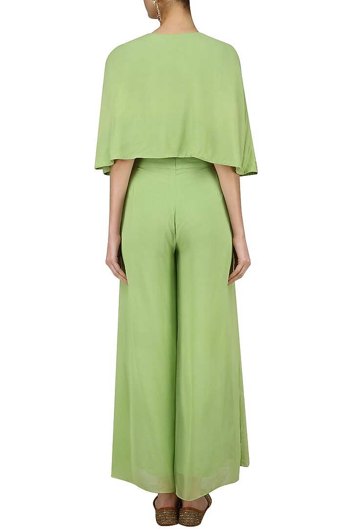 Mint green front open embroidered cape and flared pants set available only at Pernia's Pop Up Shop.
