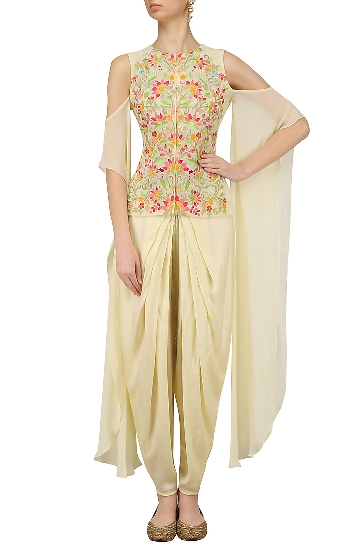 Cream cold shoulder tunic and dhoti pants set available only at Pernia's Pop Up Shop.