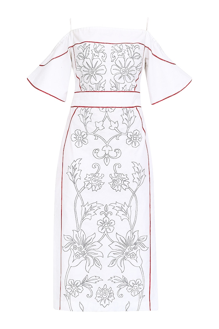 White Floral Embroidered Cold Shoulder Dress by Samatvam By Anjali Bhaskar