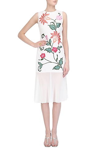White Floral Embroidered Drop Waist Dress by Samatvam By Anjali Bhaskar