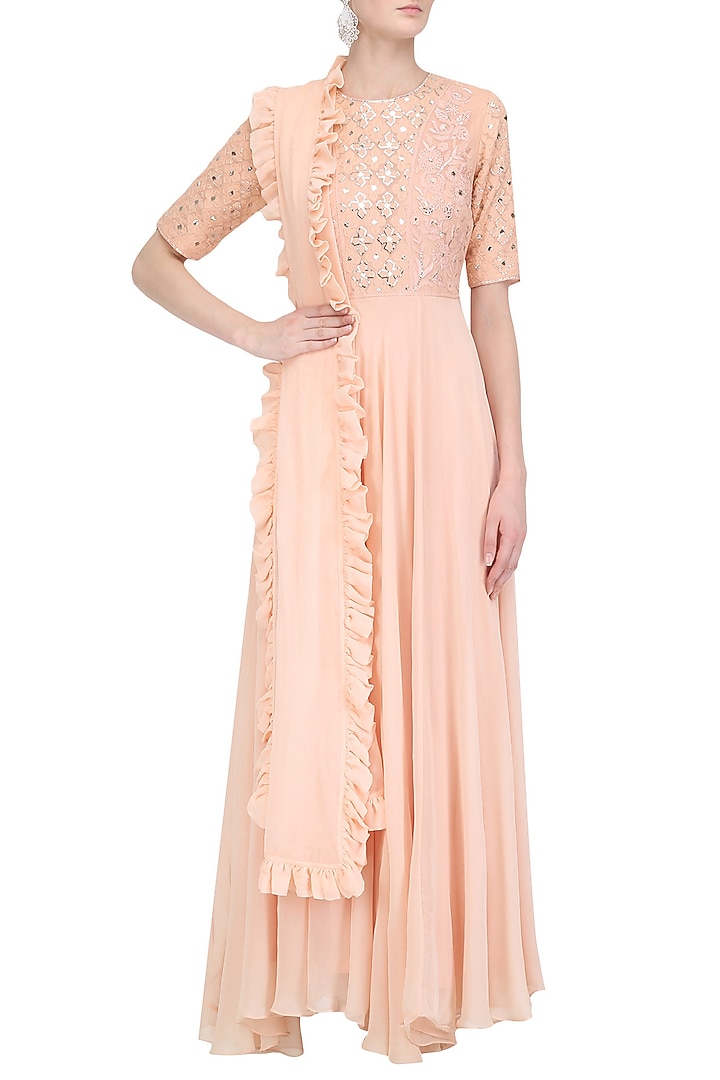 Tea rose embroidered flared anarkali set available only at Pernia's Pop Up Shop.