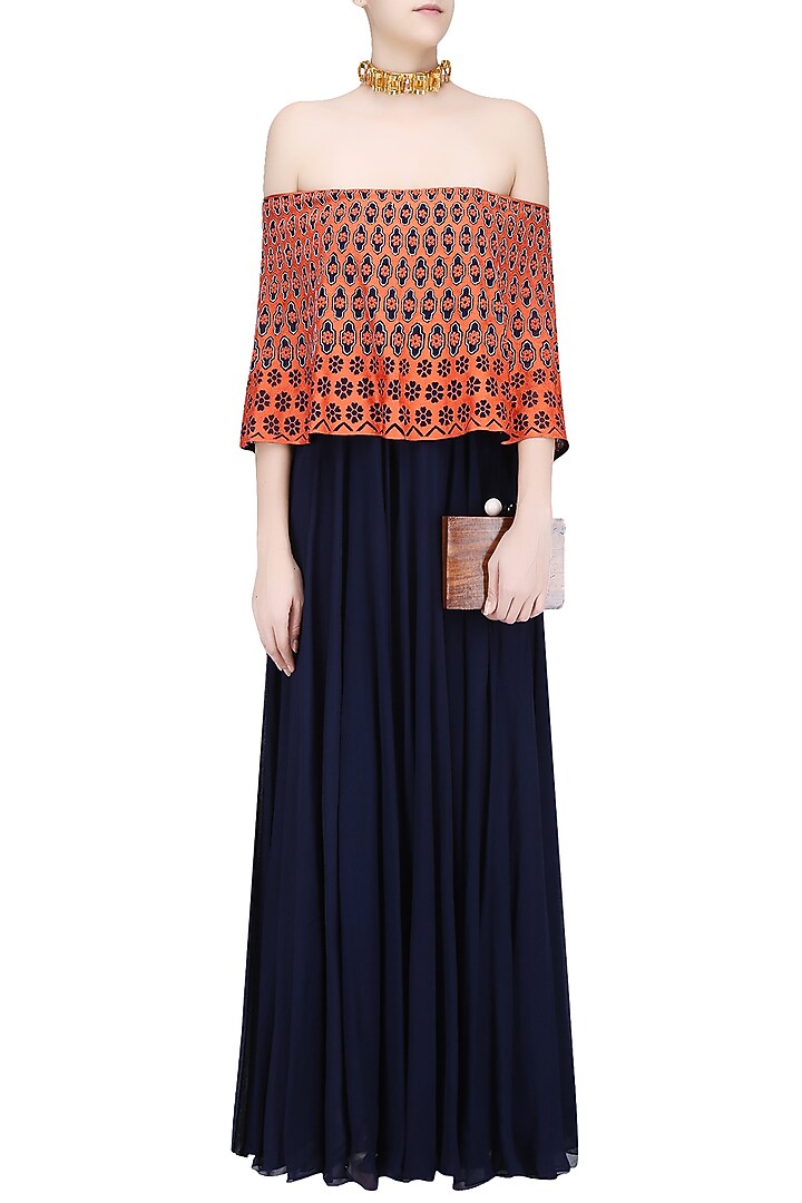 Navy blue and orange resham work off shoulder cape gown available only at Pernia's Pop Up Shop.