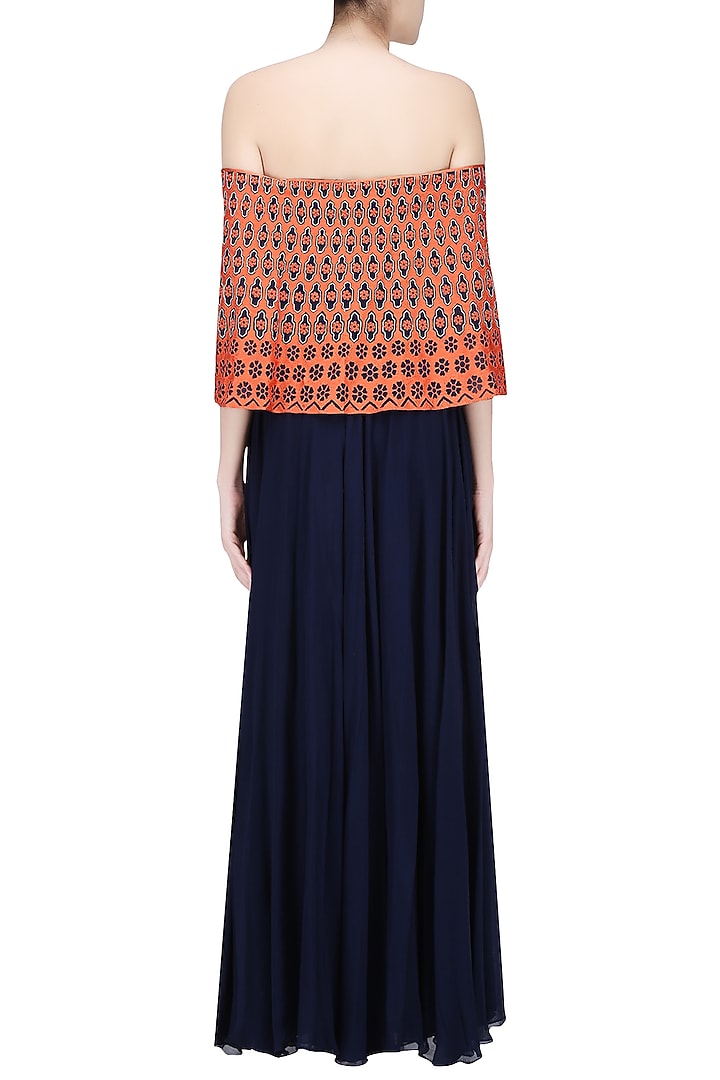 Navy blue and orange resham work off shoulder cape gown available only at Pernia's Pop Up Shop.