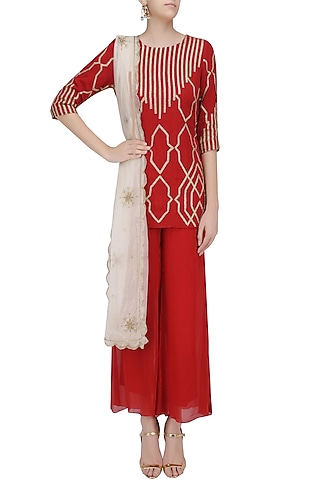 Crimson Red Gota Patti Embroidered Kurta and Pants Set by Samatvam By Anjali Bhaskar