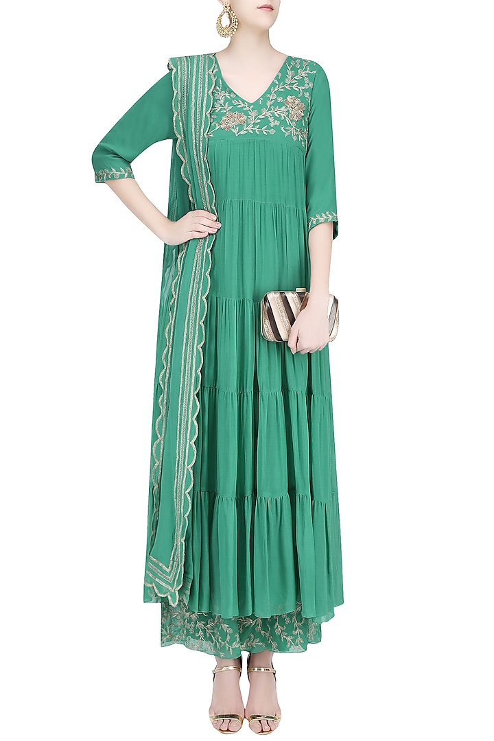 Jade green flaral embroidered flared anarkali set available only at Pernia's Pop Up Shop.