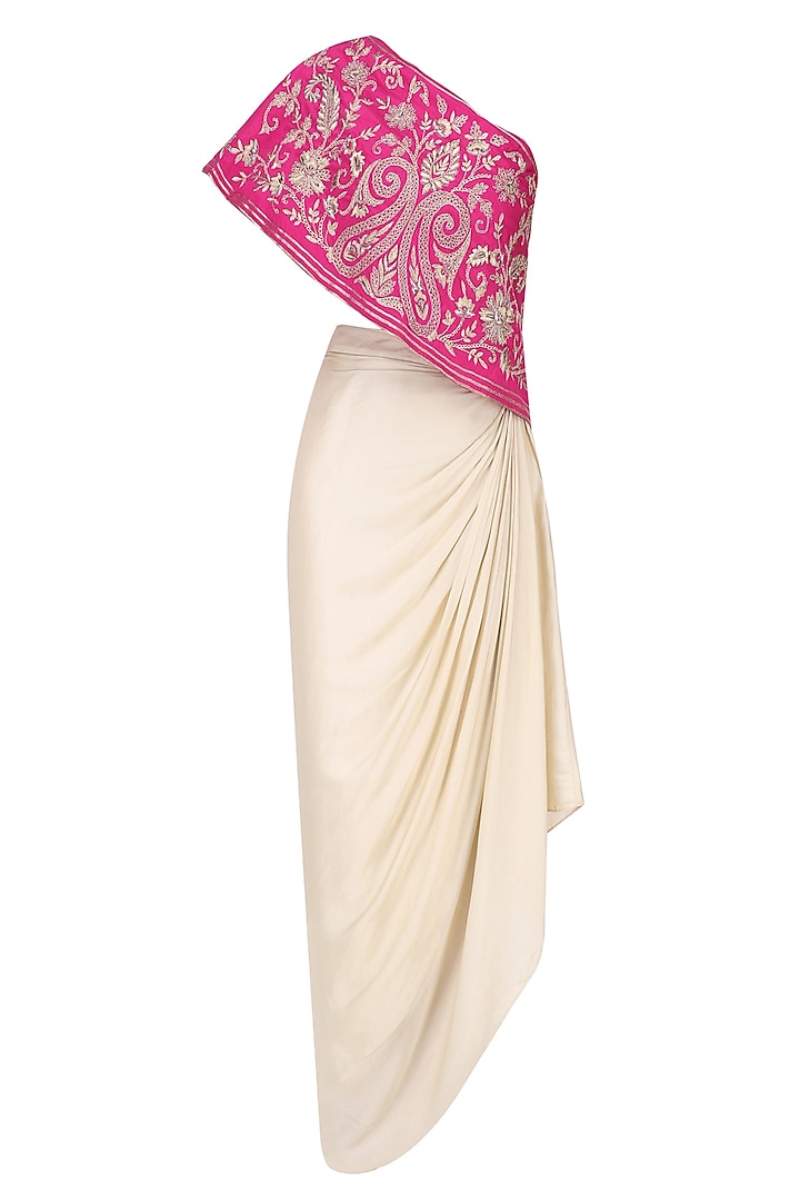 Hot Pink Floral Embroidered One Shoulder Top with Cream Drape Skirt by Samatvam By Anjali Bhaskar