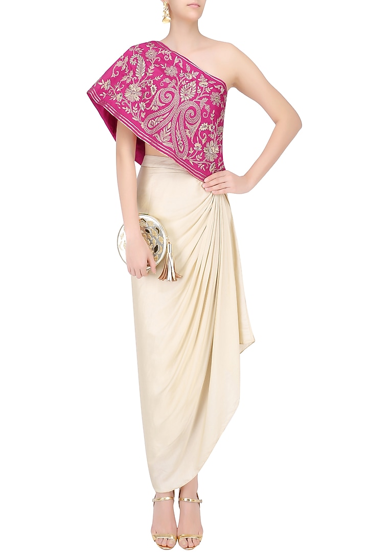 Maroon floral embroidered one shoulder top with cream drape skirt available  only at Pernia's Pop Up