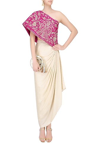 Hot Pink Floral Embroidered One Shoulder Top with Cream Drape Skirt by Samatvam By Anjali Bhaskar