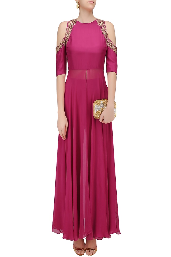 Pink floral embroidered cold shoulder kurta and pants set available only at Pernia's Pop Up Shop.