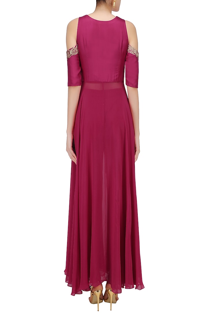 Pink floral embroidered cold shoulder kurta and pants set available only at Pernia's Pop Up Shop.