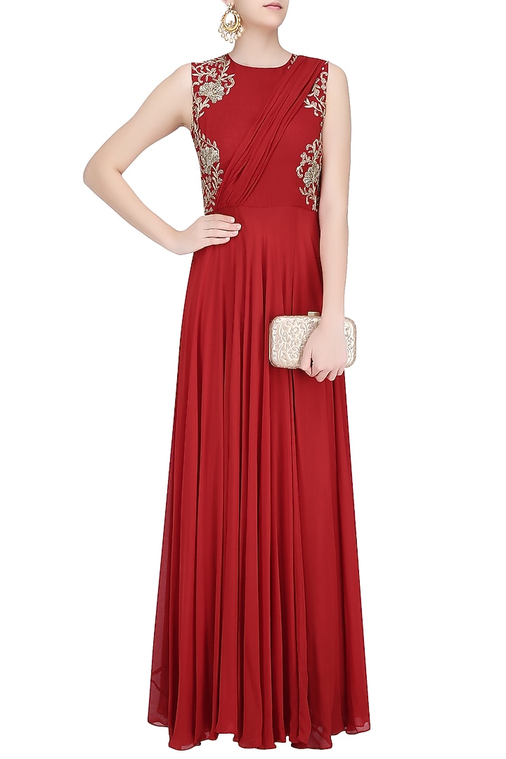 Crimson red floral embroidered drape gown available only at Pernia's Pop Up Shop.