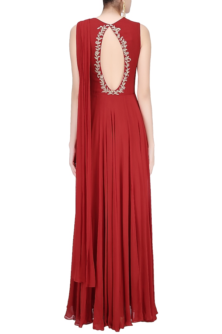 Crimson red floral embroidered drape gown available only at Pernia's Pop Up Shop.