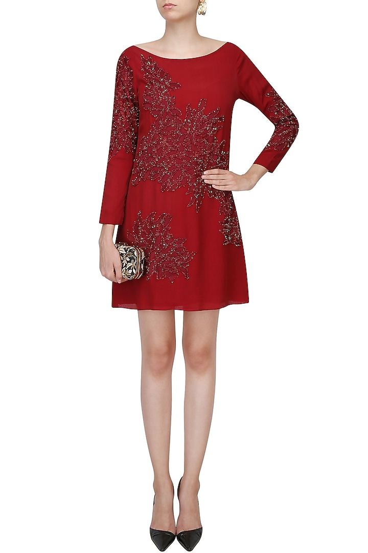 Burgundy thread and beads embellished shift dress available only at Pernia's Pop Up Shop.