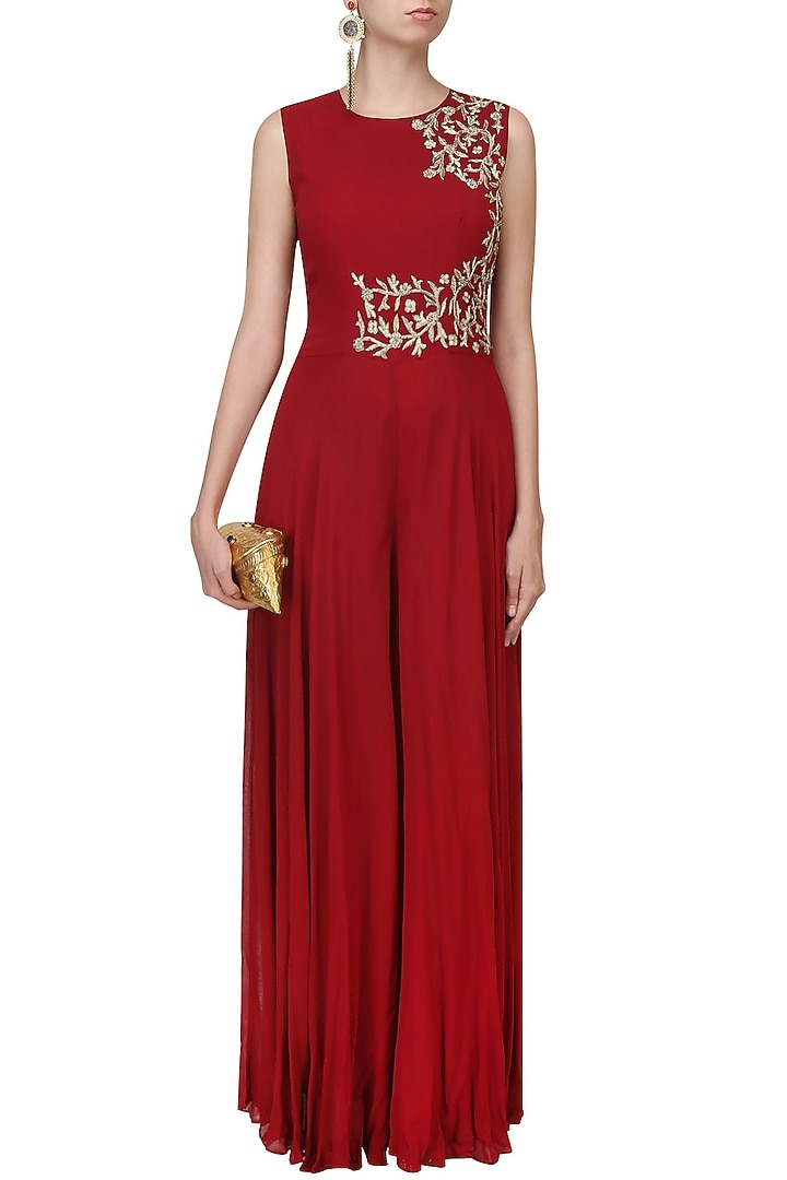 Burgundy and gold dabka and zari embroidered flared jumpsuit available only at Pernia's Pop Up Shop.