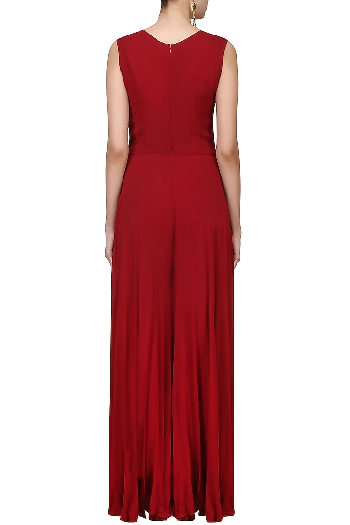 Burgundy and gold dabka and zari embroidered flared jumpsuit available only at Pernia's Pop Up Shop.