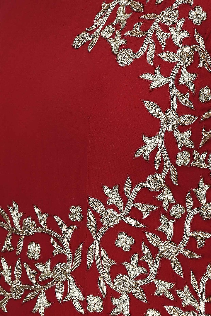 Burgundy and gold dabka and zari embroidered flared jumpsuit available only at Pernia's Pop Up Shop.