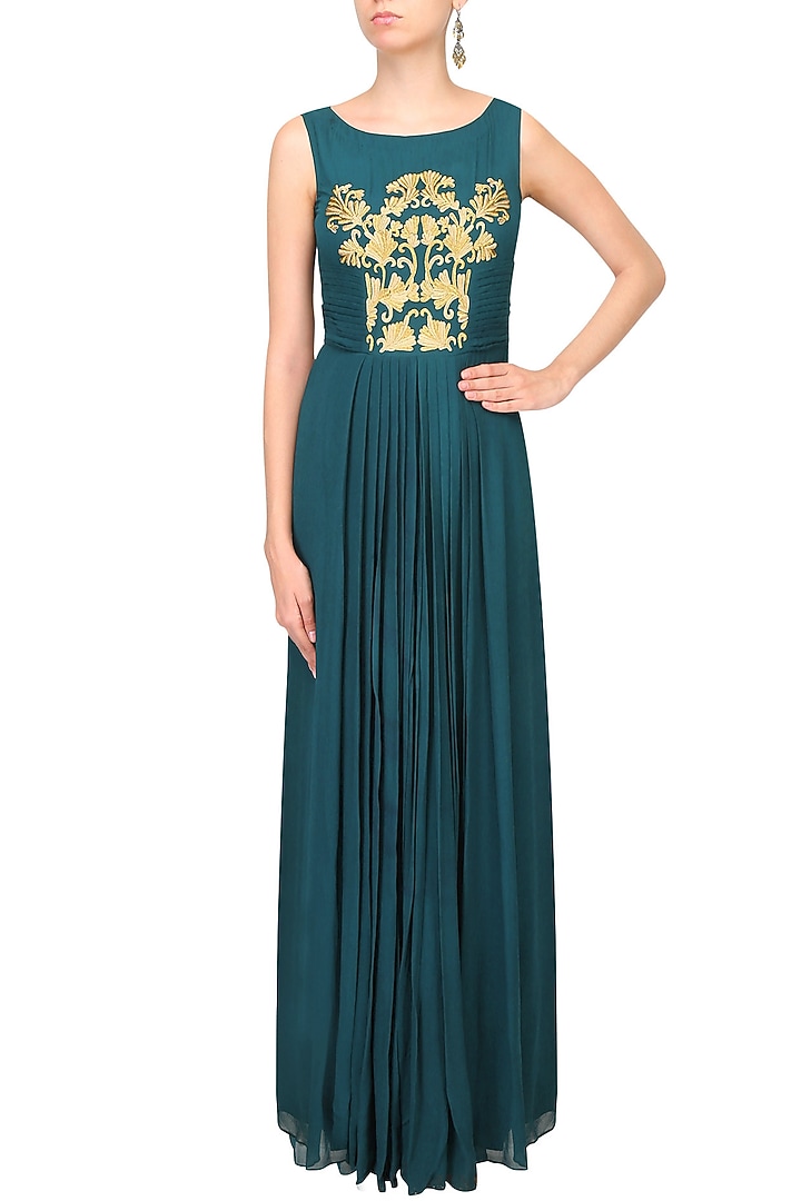Teal green and gold thread embroidered floor length gown available only at Pernia's Pop Up Shop.