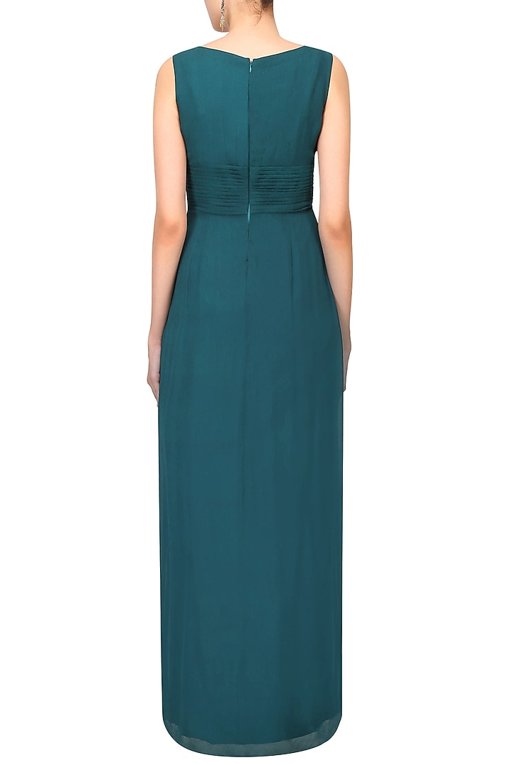 Teal green and gold thread embroidered floor length gown available only at Pernia's Pop Up Shop.