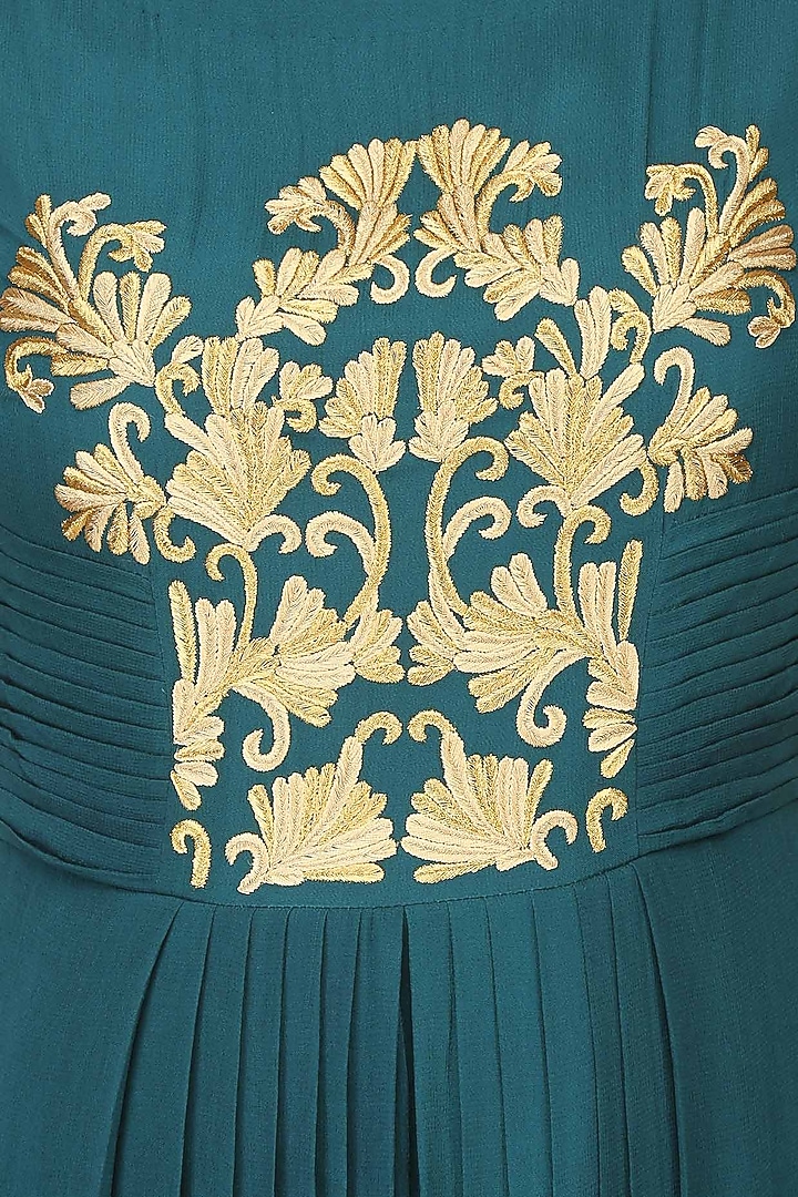 Teal green and gold thread embroidered floor length gown available only at Pernia's Pop Up Shop.
