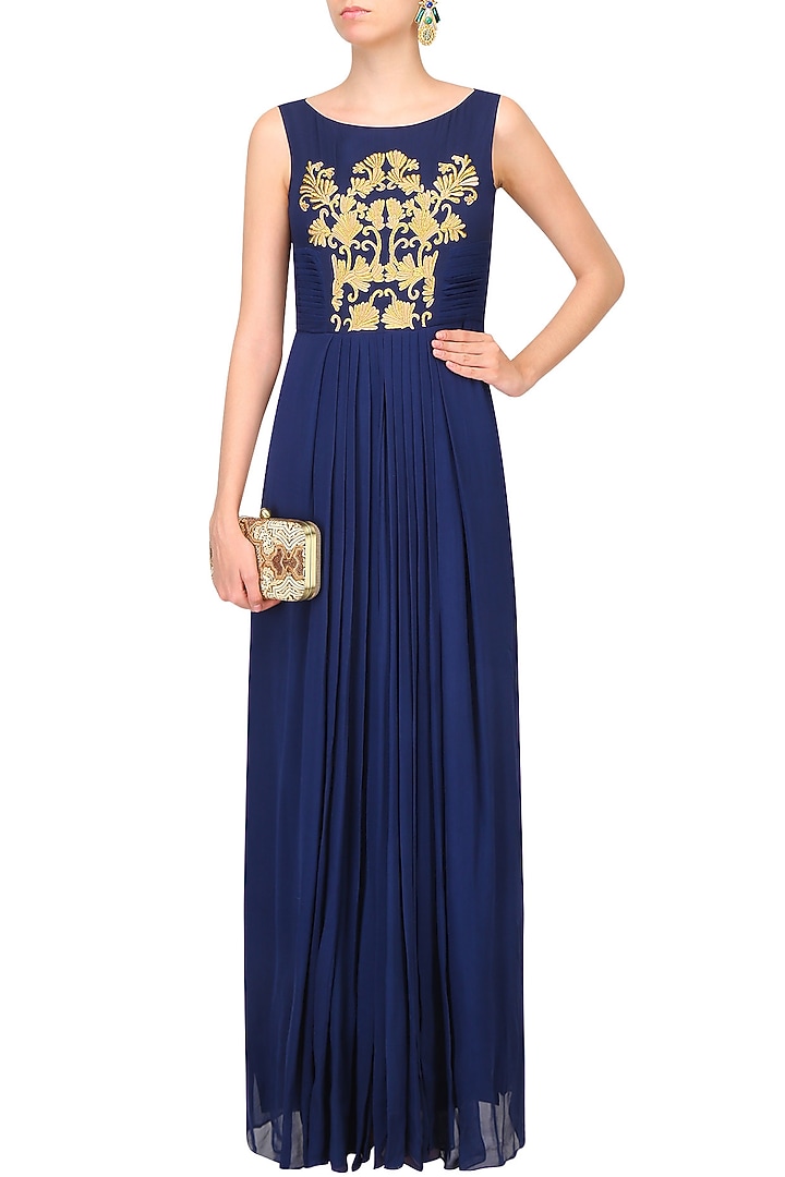 Navy blue and gold thread embroidered floor length gown available only at Pernia's Pop Up Shop.