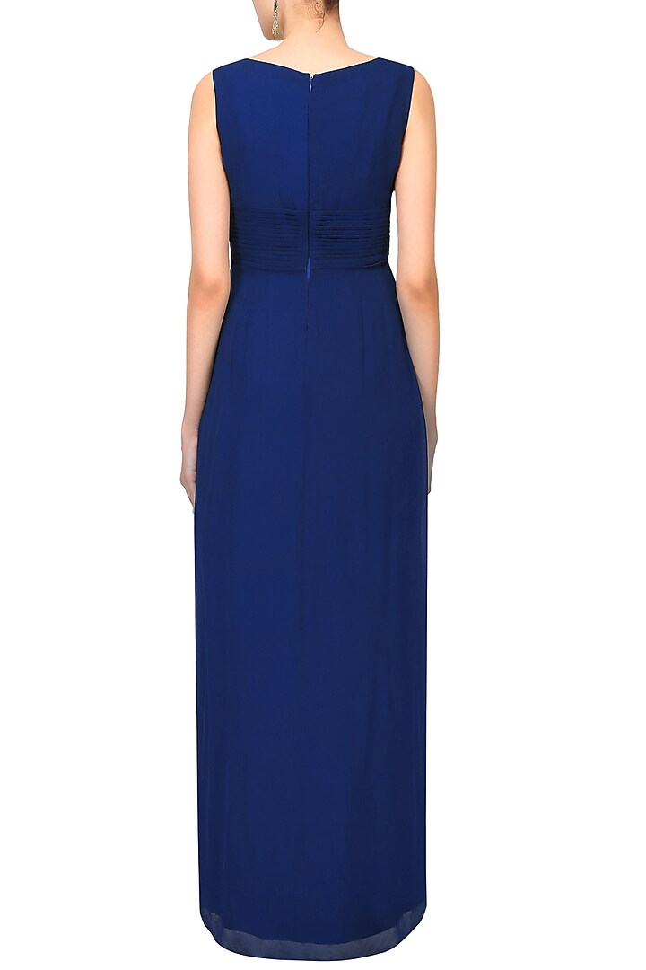 Navy blue and gold thread embroidered floor length gown available only at Pernia's Pop Up Shop.