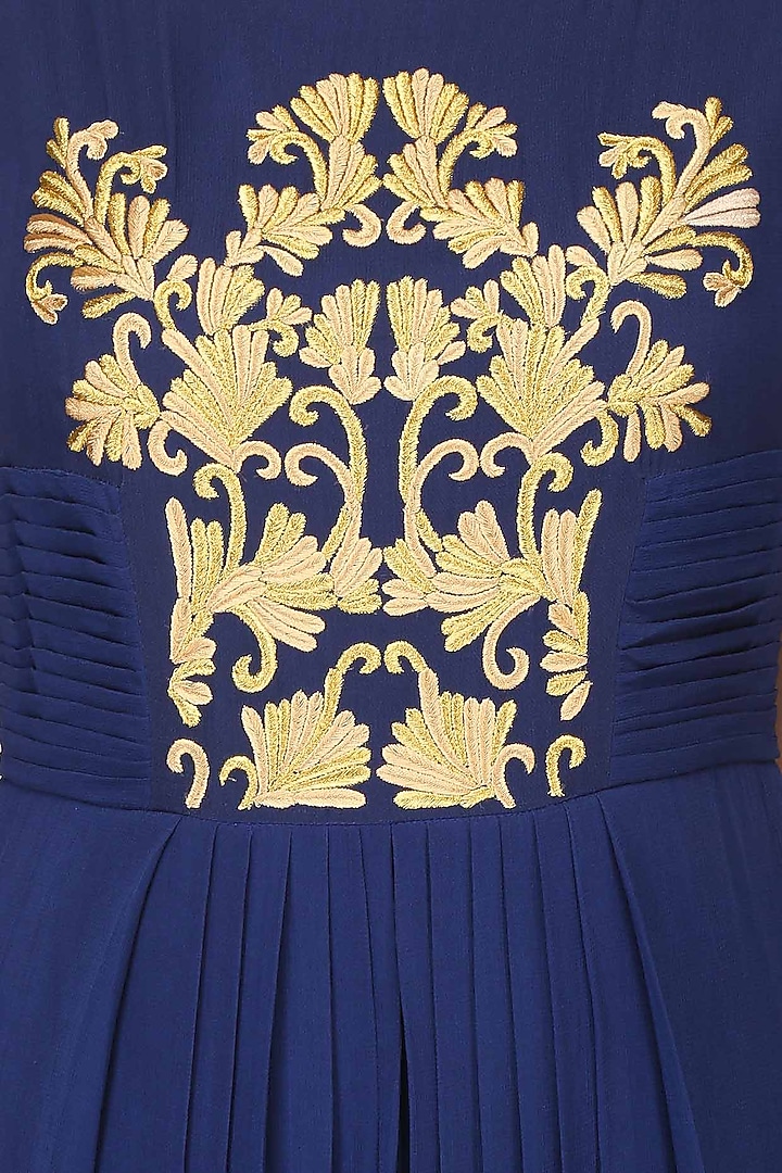 Navy blue and gold thread embroidered floor length gown available only at Pernia's Pop Up Shop.