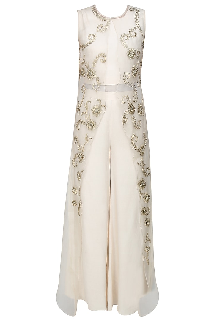 Cream and Gold Floral Embroidered Crop Top, Pants and Cape Set by Samatvam By Anjali Bhaskar
