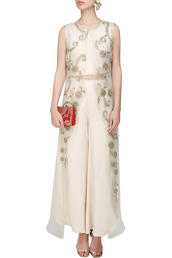Cream and gold floral embroidered crop top, pants and cape set available only at Pernia's Pop Up Shop.