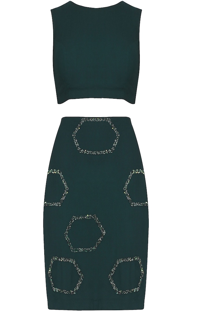 Teal green sequins and beads embellished crop top and skirt set available only at Pernia's Pop Up Shop.