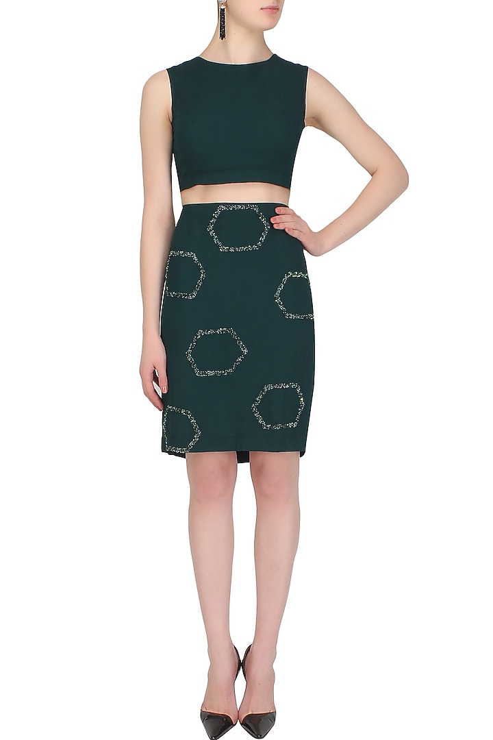 Teal green sequins and beads embellished crop top and skirt set available only at Pernia's Pop Up Shop.