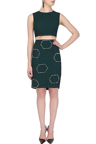 Teal Green Sequins and Beads Embellished Crop Top and Skirt Set by Samatvam By Anjali Bhaskar