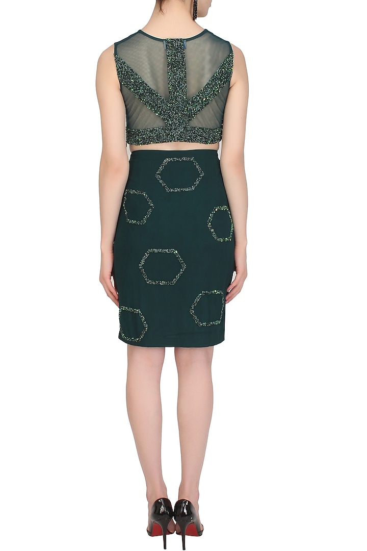 Teal green sequins and beads embellished crop top and skirt set available only at Pernia's Pop Up Shop.