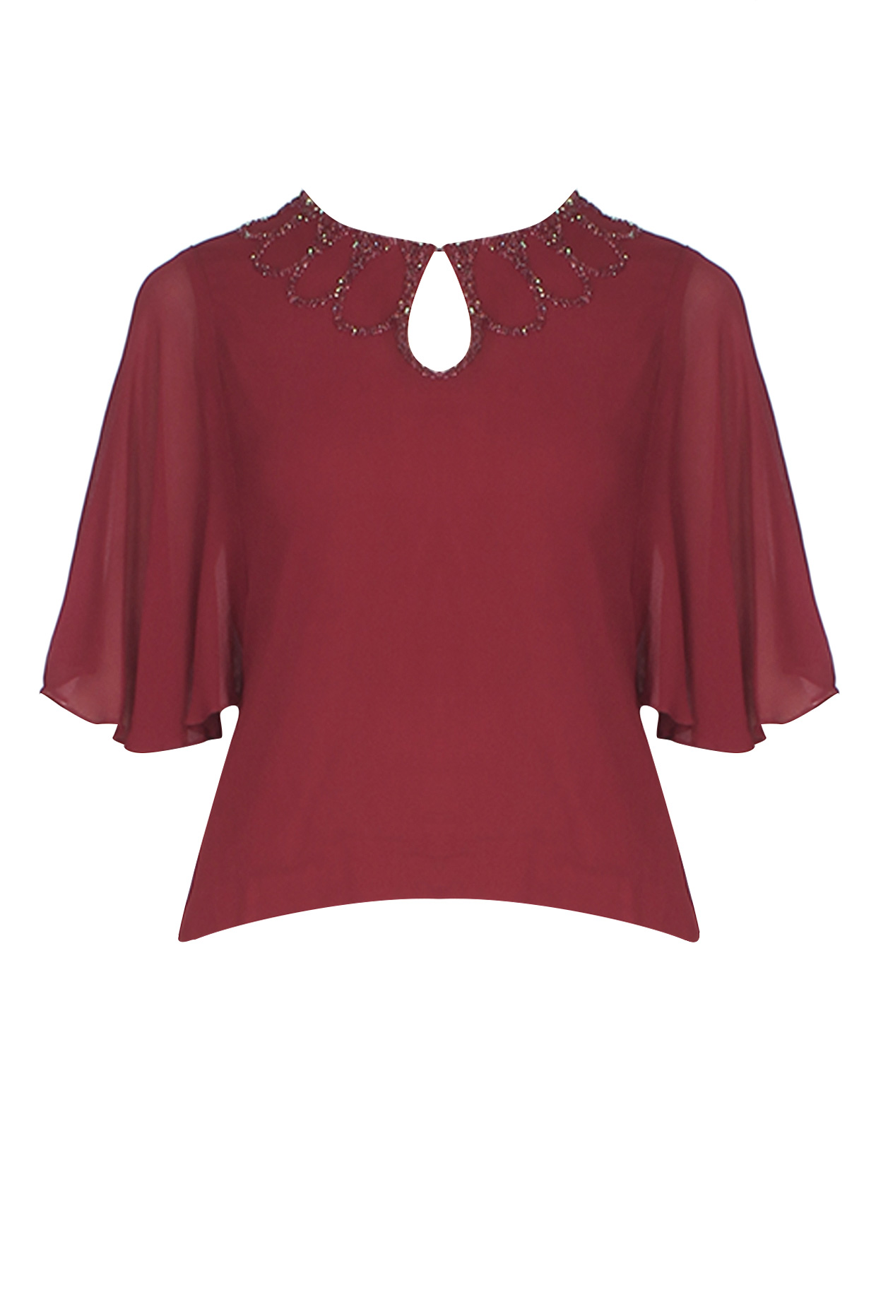 Burgundy cutdana embellished flared sleeved top available only at Pernia's Pop Up Shop.