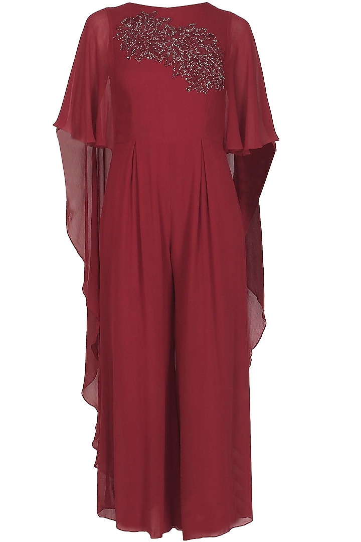 Burgundy thread and cutdana embroidered cape jumpsuit available only at Pernia's Pop Up Shop.