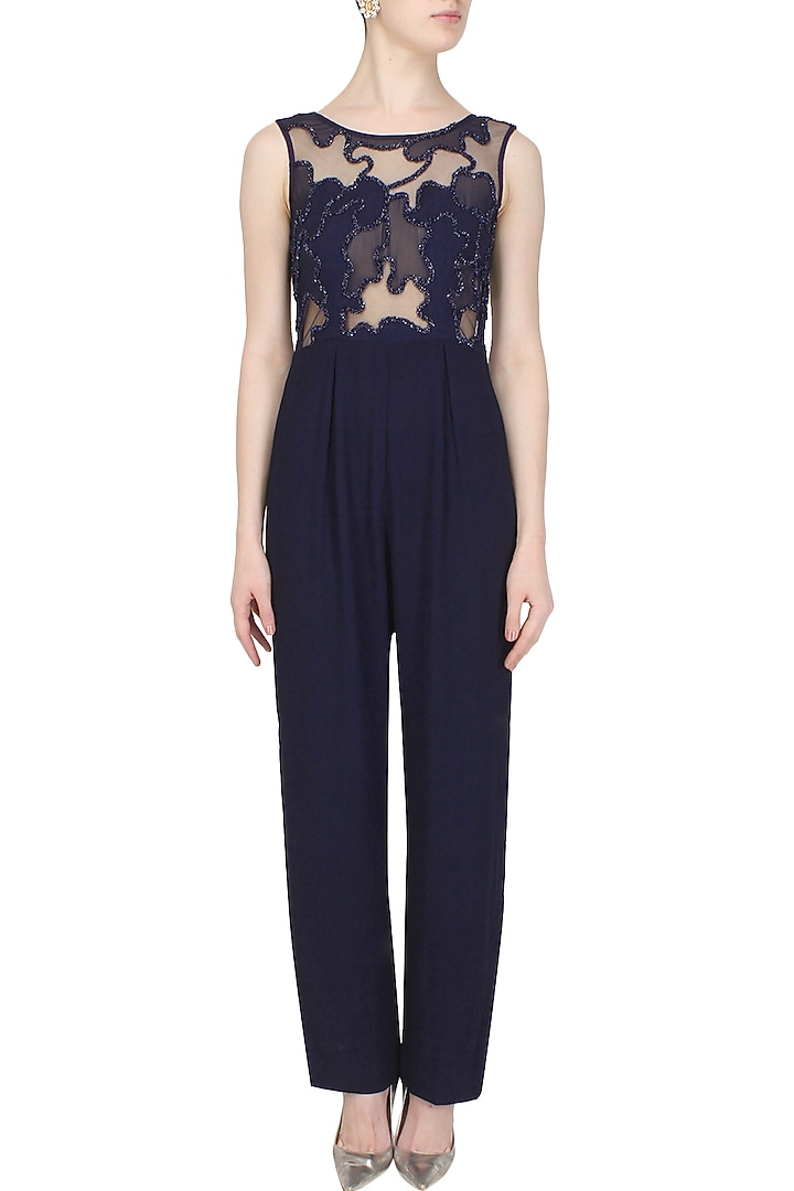 Midnight blue cutwork cutdana embellished sheer jumpsuit available only at Pernia's Pop Up Shop.
