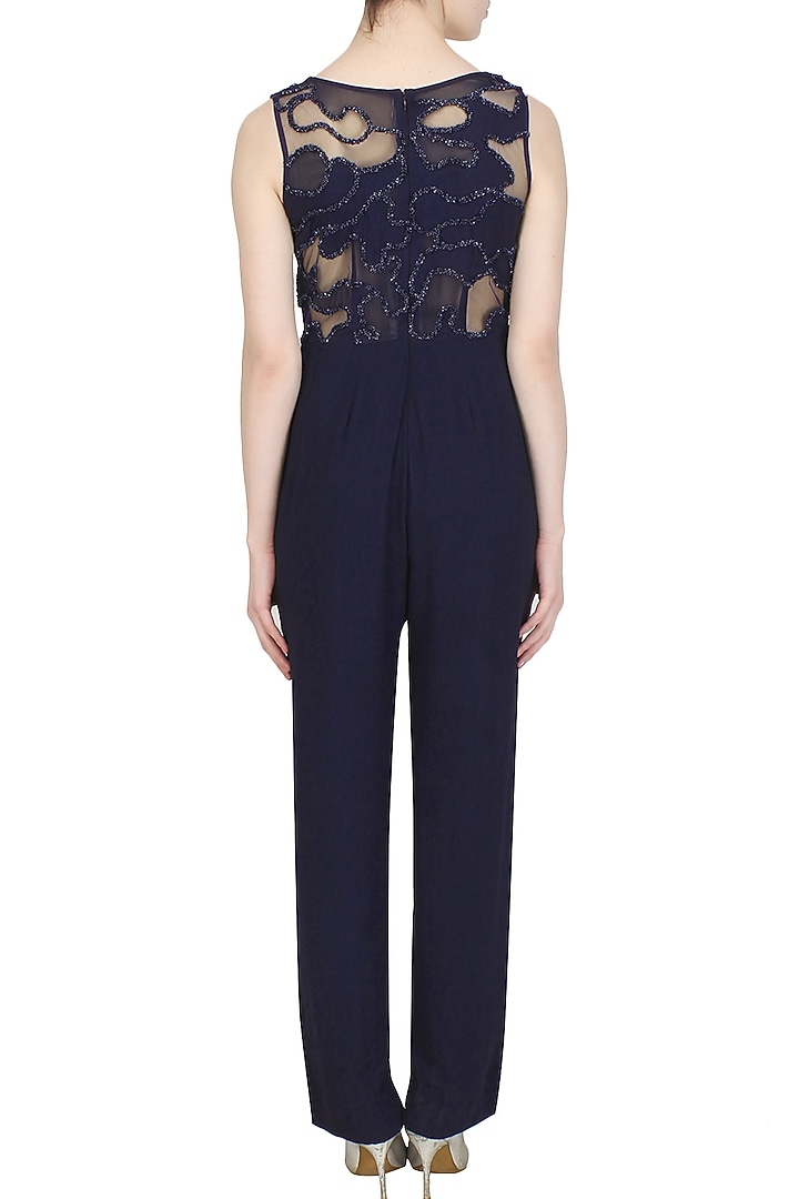 Midnight blue cutwork cutdana embellished sheer jumpsuit available only at Pernia's Pop Up Shop.