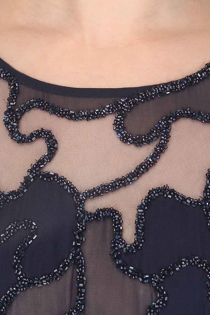 Midnight blue cutwork cutdana embellished sheer jumpsuit available only at Pernia's Pop Up Shop.