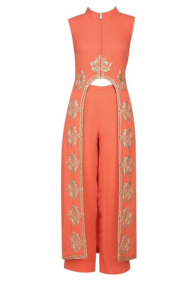 Samatvan presents CORAL & GOLD EMBROIDERED KURTA W/PANTS available only at Pernia's Pop Up Shop