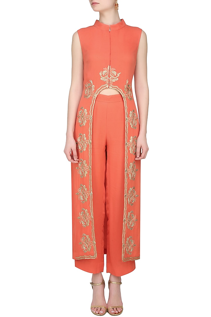 Samatvan presents CORAL & GOLD EMBROIDERED KURTA W/PANTS available only at Pernia's Pop Up Shop