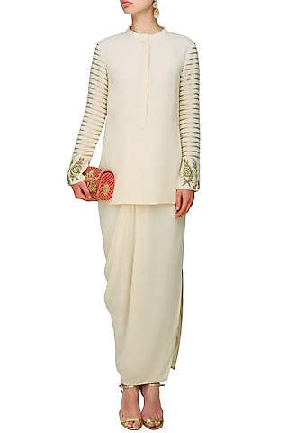 Cream and Gold Embroidered Tunic with Dhoti Skirt by Samatvam By Anjali Bhaskar