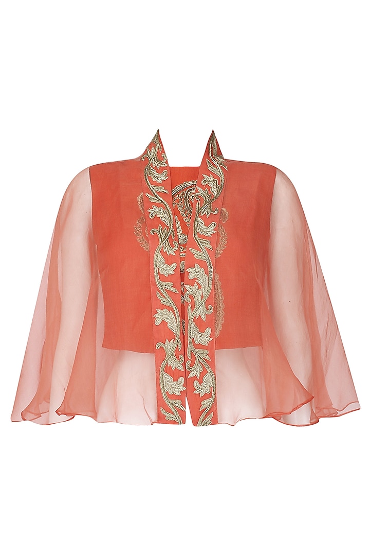 Orange Embroidered Crop Top with Sheer Embroidered Cape by Samatvam By Anjali Bhaskar